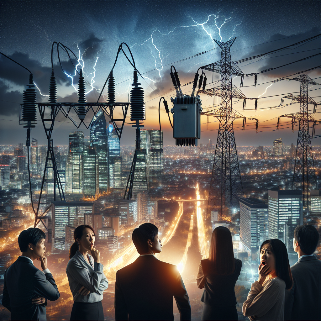 Imagine an evening city skyline with several high-rise buildings, seen from a distant hilltop, as the lights flicker off, one by one. Near the horizon, a large power grid with high voltage electrical towers silhouetted against a twilight sky. The transformers show sparks indicative of a power failure. In the foreground, different people, including a middle-aged white woman and a young Asian man, expressing shock and concern as they watch. Overlay this image with a text in bold letters stating 'Urgent Nationwide Blackout Alert: Risks of Power Grid Failure'.