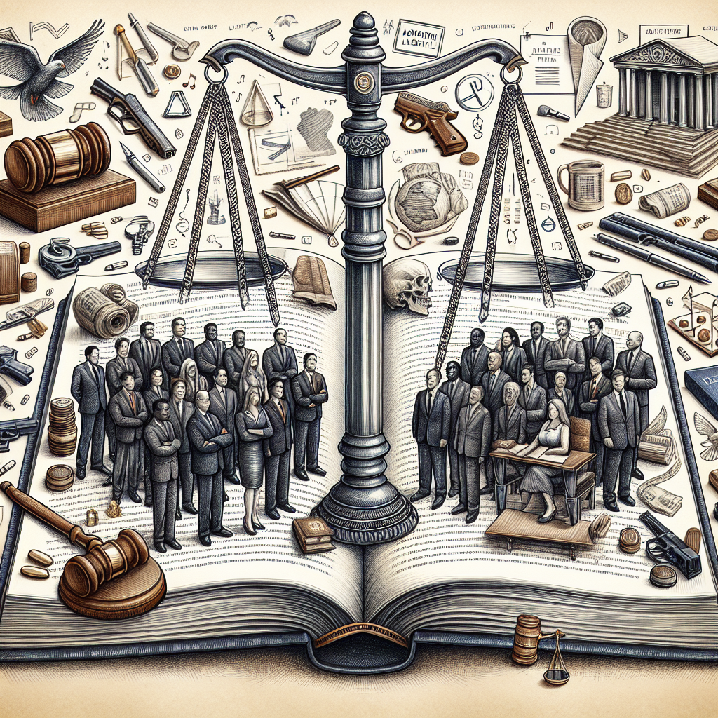 A captivating, informative visual representation about gun control legislation. It depicts a large, detailed book, adorned with a balance scale on the cover, symbolizing law and justice. On the pages, there are sketches illustrating the progression of gun control laws over the decades. Beside the book, there's a diverse group of people of varying descents including Caucasian, Hispanic and South Asian, working together, discussing, and strategizing on ways to implement these laws effectively. Various elements like gavels, legislative bills, and anti-violence symbols are also scattered around the drawing.