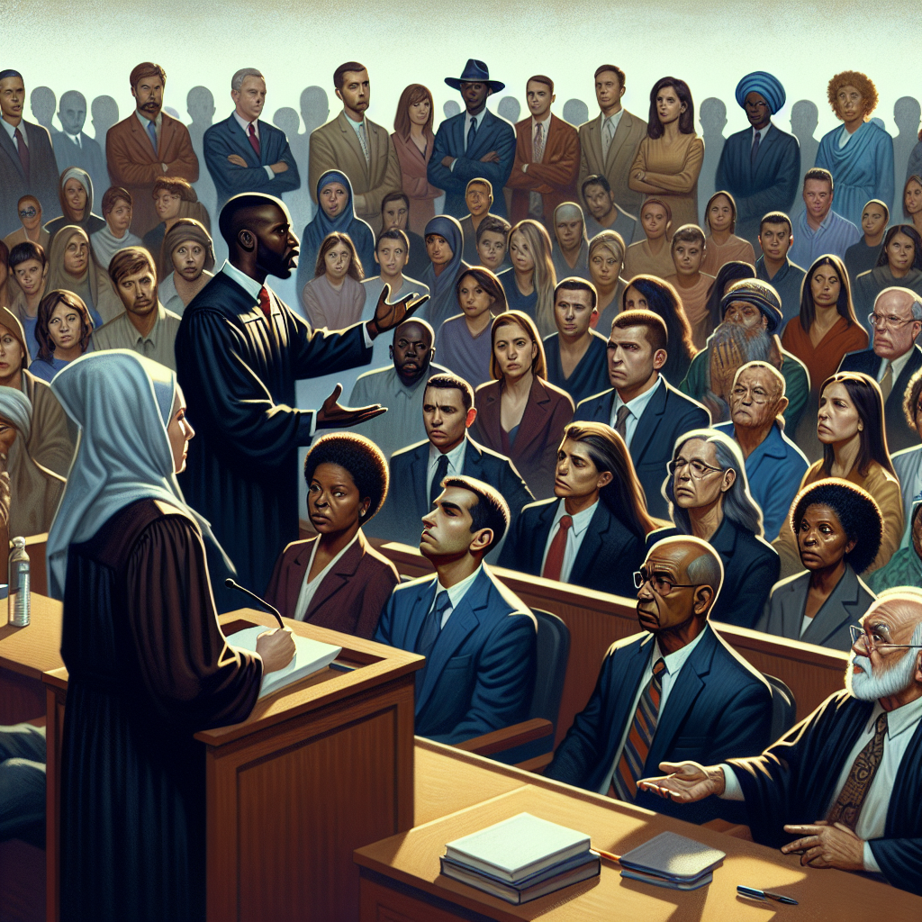 Illustrate a scene of a tense courtroom atmosphere, highlighting a diverse set of individuals. There should be a Caucasian female judge presiding, a black male prosecutor presenting his case energetically, and a mixed group of jurors consisting of men and women from Hispanic, Middle-Eastern, South Asian and Caucasian descent, listening intently. In the background, a rich tapestry of observers should be present, reflecting the multicultural society. Note, no specific individuals or real trials should be depicted. Everything should be symbolic, with no prominent real-world characters referenced.