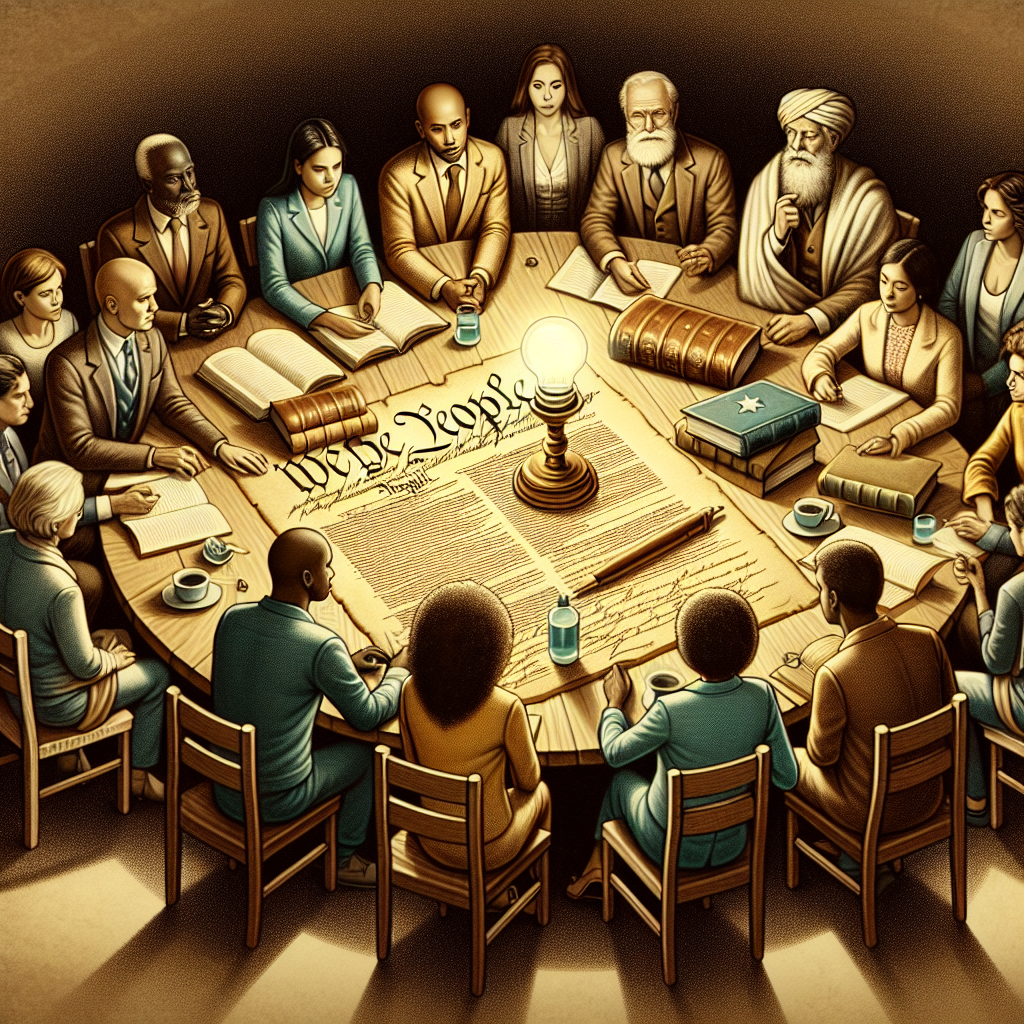 A detailed image depicting a diverse group of citizens engaged in a focused conversation about voting laws. Include an array of people from different descents such as Caucasian, Hispanic, Black, Middle-Eastern, and South Asian, representing both genders. Have them situated around a large wooden table with an illuminated globe, book stacks, and an outdated constitution scroll, symbolizing a deep dive into the analysis. Use muted, serious colors to convey the gravity of the situation and efforts to understand the changes.