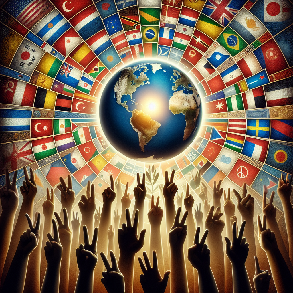 A symbolic representation showcasing global security. This visual narrative should illustrate global communication and cooperation, with numerous hands displaying various flags of different countries, all reaching towards a light in the center, representing stability. In the background, outlines of world map should be subtly visible. Images of peace symbol and olive branches should be interspersed amidst the scene to represent the aim for harmony. No specific military gadgets or pictures of any politicians or figures should be included, maintaining focus on abstract symbolism.