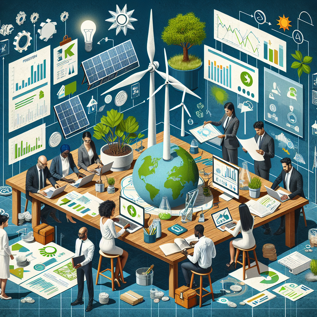 Imagine an image concept that depicts a fusion of finance and environmental sustainability. A scene with a diverse group of people busy around a wooden table full of reports and graphs showing clean energy progress. There is an African female engineer with blueprints of wind turbines, a Middle-Eastern male legislator with documents on climate change legislation, an Asian male investor with screens displaying environmental funds, and a Caucasian woman reviewing the progress of solar power investments. There are also three symbols in the background: a wind turbine, a solar panel, and a flourishing tree, symbolizing clean energy and green growth.