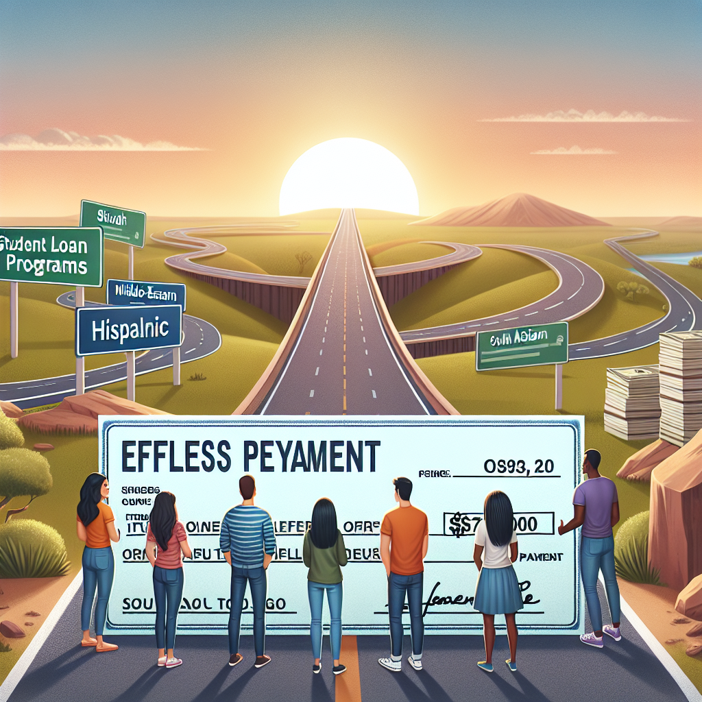 Picture of a large, winding road disappearing into the horizon, with road signs labeled 'Student Loan Forgiveness Programs' on it. Additionally, around the road is a diverse group of young people: a South Asian woman, a Middle-Eastern man, a Hispanic woman, and a Black man, who symbolize students around the world. They're standing around a massive, oversized cheque with the words 'Effortless Repayment' written boldly on it. In the background is a raising sun, symbolizing a hopeful future.