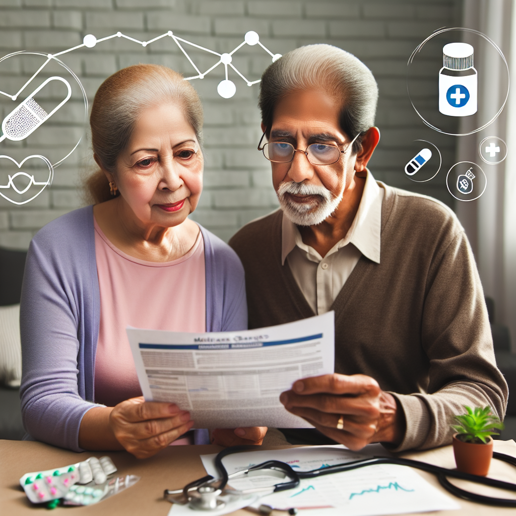 An aged couple, one Caucasian woman and one South Asian man, attentively studying a document labeled 'Medicare Changes', with a look of hopeful anticipation. A mixture of medical icons, such as a stethoscope, pill bottle, and band-aid, float around them. A graph in the background shows healthcare costs dropping, symbolizing the potential for lowered expenses. The setting is a homely environment, showcasing that they are researching at the comfort of their own home.