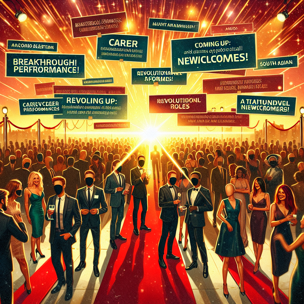Create a vibrant image of a red carpet event set against a sunset backdrop. A multitude of anonymous celebrities of various descents - Hispanic, Caucasian, Black, Middle Eastern, South Asian - and genders are beautifully dressed in modern formal attire. They are mingling, laughing, and engaging in conversation. Snappy headlines float around them, conveying exciting updates like 'Breakthrough Performances!', 'Career Milestones!', 'Revolutionary Roles!' and 'Coming Up: Talented Newcomers!'. The atmosphere is buzzing with excitement, anticipation, and the glamour of the entertainment industry.