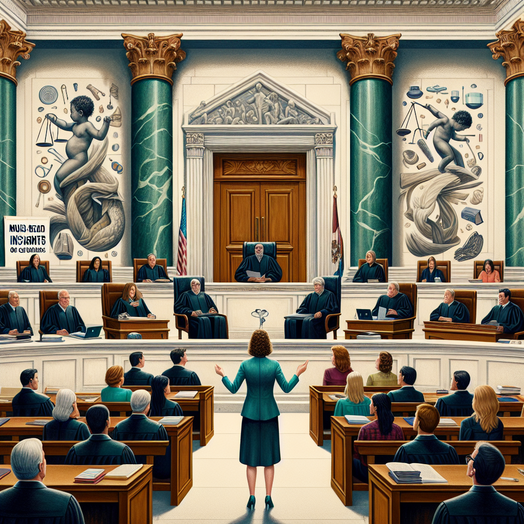 An image of a grand courtroom with high ceilings, adorned by marbled columns and a reinforced wooden door at the back. At the center stands a lawyer, a non-specific Caucasian woman, passionately articulating her point. A group of judges, a diverse mix of Caucasians, Hispanics, and Black men and women, sit behind an elevated bench, listening attentively. Strewn about the court are exemplars of law books and gavels, symbols of justice. A banner on the wall bears the inscription: 'Must-Read Insights on Court Rulings'. Abstract symbolisms of an unborn child and balance scales are subtly incorporated into the background to suggest the theme of abortion.