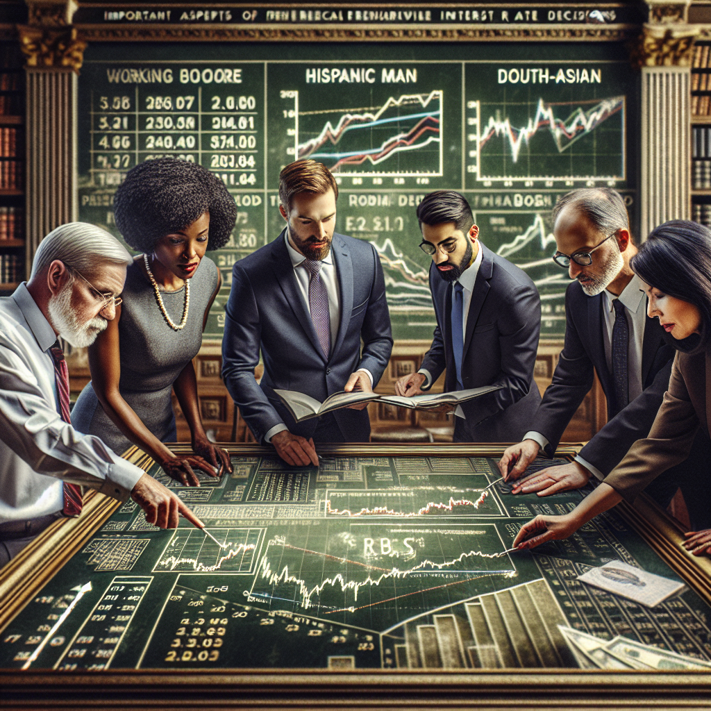 A detailed scene encapsulating important aspects of Federal Reserve Interest Rate decisions. A diverse group of financial experts, including a Caucasian woman, a Hispanic man, a Black woman, and a South-Asian man, studying a massive chalkboard filled with graphs and numbers. They are collaborating and deep in discussion in an ornately designed working room reminiscent of a late 19th century library.