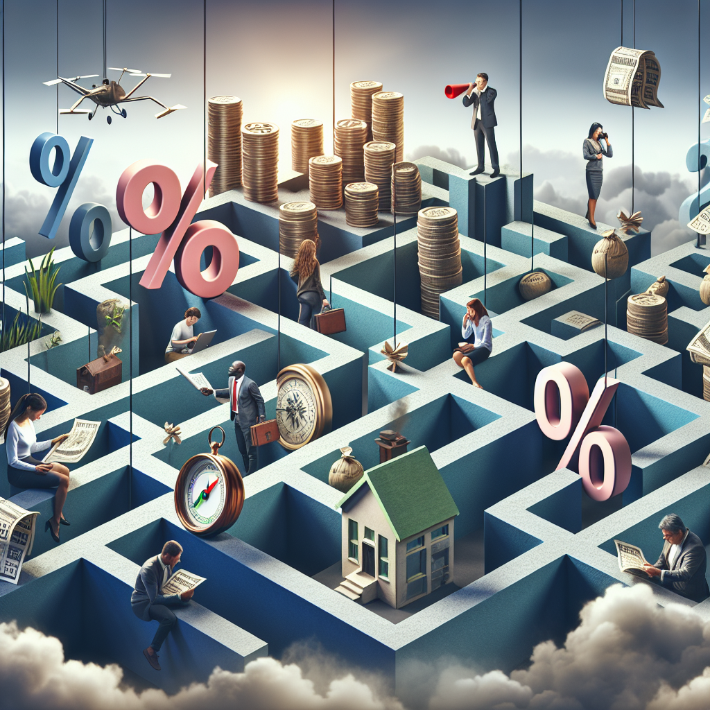 An aerial view of a complex, interconnected maze structure, resembling the US housing market crisis, with high walls symbolizing increased mortgage rates. On the ground, several diverse characters representing homebuyers are trying to navigate through the maze. A Caucasian woman with a compass, an African American man studying a map, a Hispanic woman calculating with an abacus, and an Asian man using binoculars. Around the maze, economic symbols like percent signs are floating in the air, highlighting the daunting financial atmosphere. The background is a sky transitioning from stormy clouds to clear skies, symbolizing future hope.