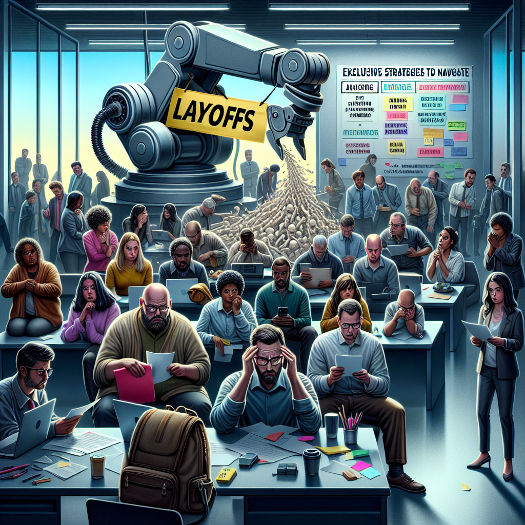 A symbolic representation of the stressful tech-industry scene after massive layoffs. In the foreground, a diverse group of employees with a mix of genders, races like Caucasian, African-American, Asian and Hispanic, all looking anxious and stressed. Some are clutching onto their backpacks with personal belongings, others reading termination letters. In the background, a giant robotic arm labelled 'Layoffs' sweeping across a desk clearing laptops and stationery, symbolizing abrupt job cuts. On the sidewall, a whiteboard with agile methodologies, post-it notes, and a heading: 'Exclusive Strategies to Navigate'. The atmosphere is somber and the lighting is dim.