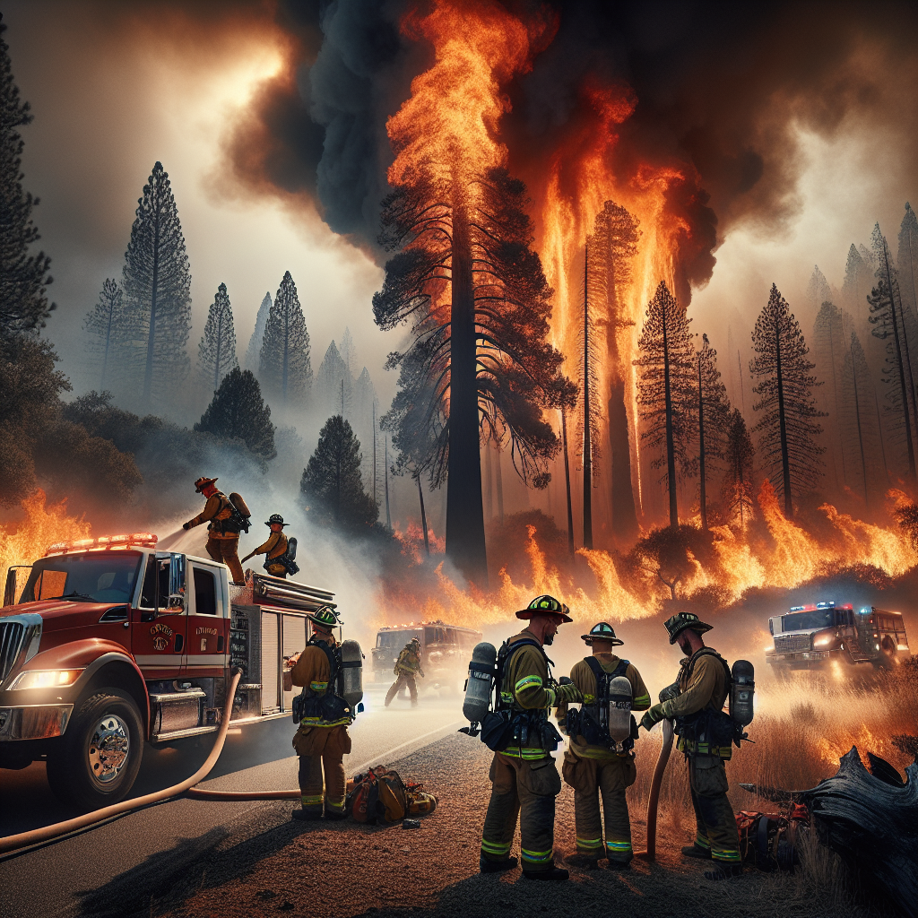 A dramatic, realistic representation of a wildfire emergency situation. A large, uncontrollable fire is blazing through a dense forest area under the scorching summer sun. Intense orange and red flames engulf the tall, dry trees, producing dense smoke that fills the sky. In the foreground, a group of brave firefighters, of varying descents such as Caucasian, Hispanic, and Black, both male and female, are carefully maneuvering a firetruck and meticulously preparing firefighting equipment for use. They are wearing protective gear and their faces express determination and focus amidst the danger. Heatwaves are visible across the landscape amplifying the severity of the wildfire.