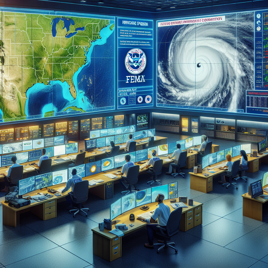 Visualize a scenario about hurricane preparation during peak hurricane season. Picture a large and busy FEMA command center with a massive screen showing the path of an oncoming hurricane. Staff members, including a Middle-Eastern woman with a headset coordinating relief efforts, and a Caucasian man analyzing real-time weather data on his computer, are diligently working. The room is filled with various equipment, weather maps, and high-tech tools. On the walls, there's vital information about emergency preparedness including safety guidelines and evacuation procedures. Please include urgency and attention to detail.