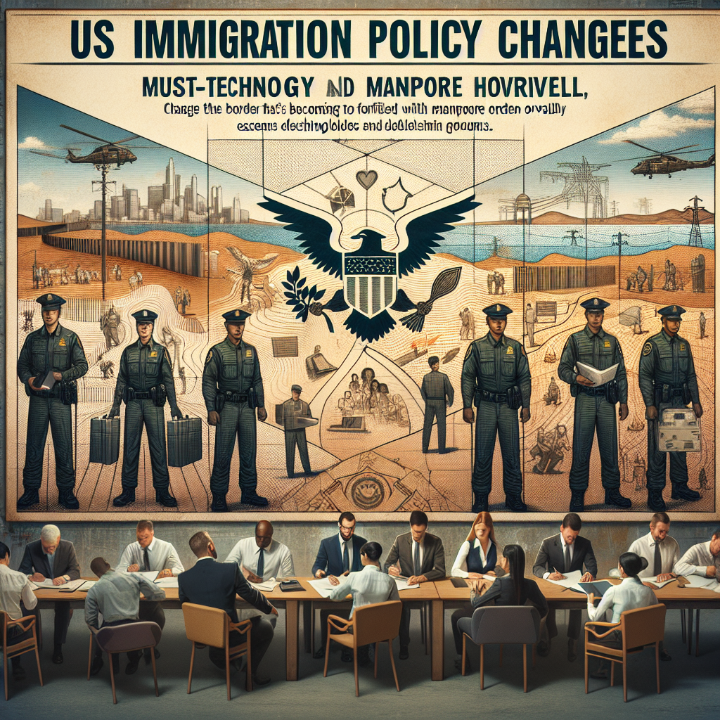 An image representing a conceptual representation of changes in US immigration policy aimed at enhancing border security. Picture the border as a symbolic line that's becoming fortified with technology and manpower overhaul. Highlight a diverse staff of immigration officers, showcasing men and women of Hispanic, Caucasian, South Asian, Black, Middle-Eastern, and East Asian descent assessing documents efficiently and reliably. The background can show unique landmarks like a river or desert, signifying the border area. Display the text 'US Immigration Policy Changes: Must-Have Updates' as a header in bold, clear letters.