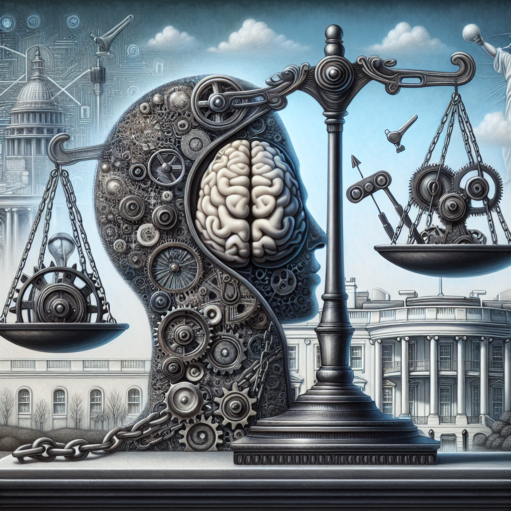 An intricately detailed illustration depicting the concept of Artificial Intelligence (AI) regulation. In the foreground, a large traditional scale of justice is balanced with a model of a human brain on one side and a mechanical gear representing AI on the other side, highlighting the equilibrium between technology and law. In the background, a stylized representation of the White House is subtly integrated into the landscape. Conceptual elements such as chains, keys, or light bulbs could represent transformation and best practices. The overall atmosphere is serious and analytical, reflecting the gravity of policymaking process.