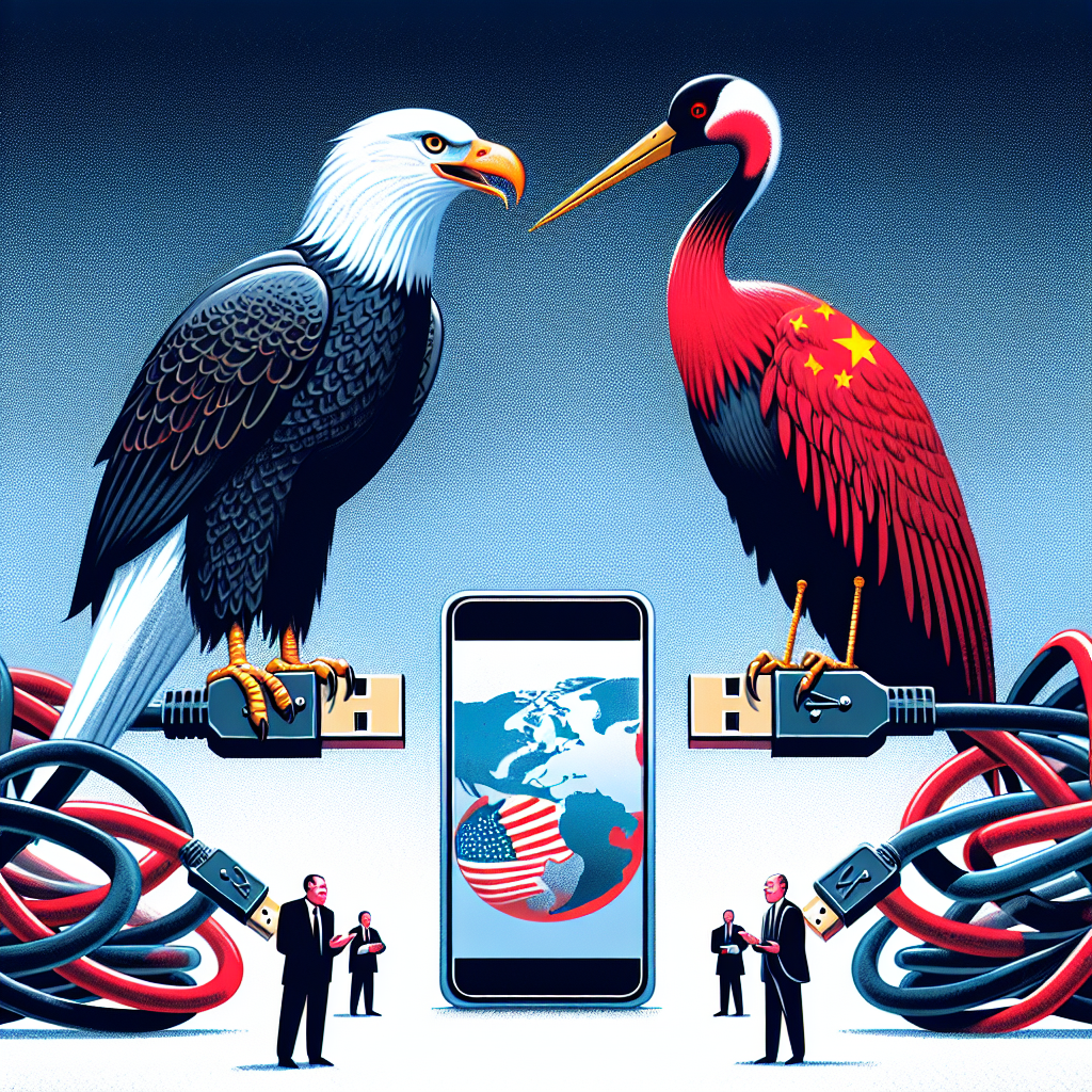 An illustrated representation of the concept of technology tensions between two major powers (represented by two symbolic birds: a Bald Eagle for United States and a Red-crowned Crane for China) . Both birds are perched on a disentangled USB cable representing the digital world, with a subtle background of global map. In front of them, a smartphone shows the logo of a popular short video app debated to be banned. It is expressed in an abstract way, not displaying the actual logo or name. Further, there should be two figures standing beside each bird respectively, represented as tech experts engaging in a discussion.