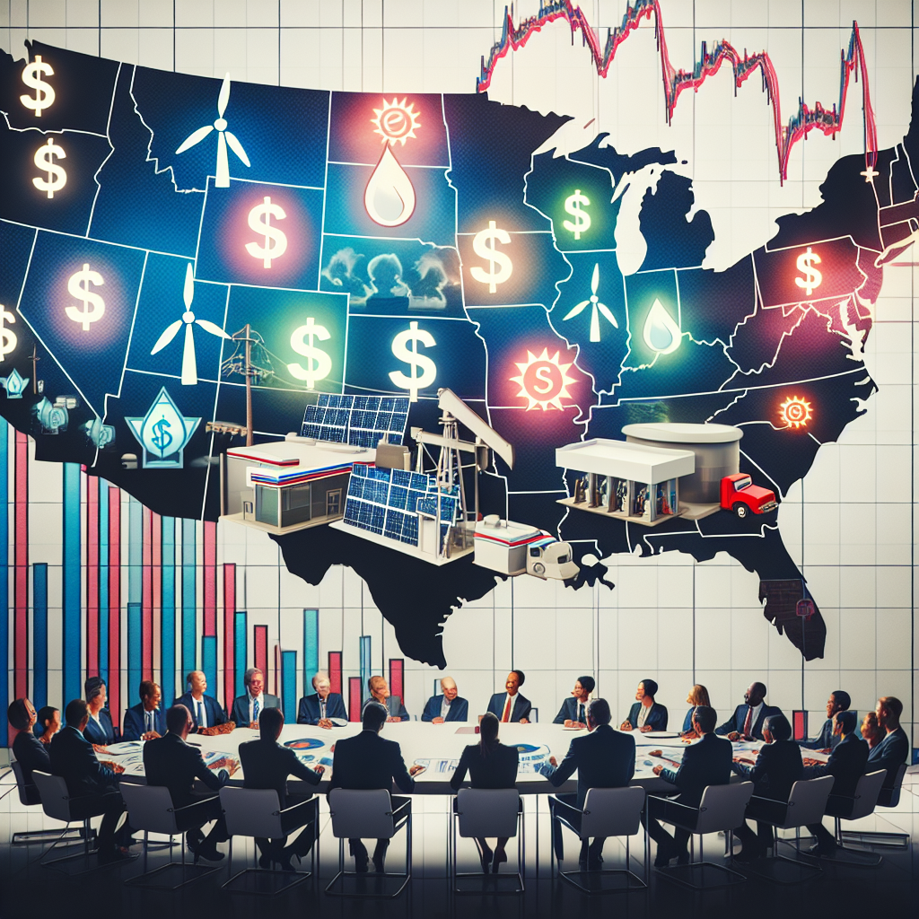 Visualize a detailed map of the United States, where each state is filled with different energy-related symbols - windmills for wind energy, suns for solar, and oil rigs for petroleum. Overlay this map with a fluctuating bar graph line with dollar symbols to represent gas prices. Around the map, depict a diverse group of politicians and energy sector professionals - men and women of different descents like Caucasian, South Asian, Hispanic, Black, Middle-Eastern, etc., discussing strategies. All are around a large table featuring a model of a gas station and various graphs showing energy consumption trends.