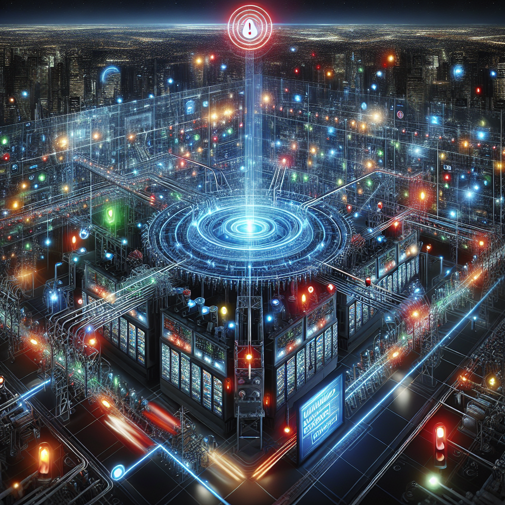 Visual representation of a high-tech power generation grid, intricately designed with a network of gleaming cables connected to glowing power sources. The area should be suddenly plunged into darkness, symbolizing a blackout. Emergency lights flickering in the dark and a digital alert sign flashing a message of an urgent nationwide blackout in vivid red should induce a sense of urgency. Surround the power grid with a panoramic view of a cityscape transitioning from a brightly lit scene to complete darkness. A slight hint of chaos should be evident with traffic lights failing and people using flashlights.