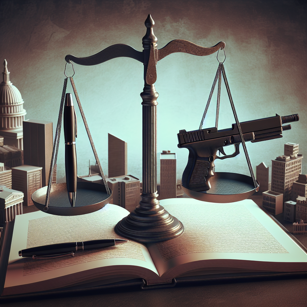 A depiction of a balanced scale, symbolizing justice. On one side of the scale, place a pen to signify legislation, and on the other, a 3D printed gun to represent gun control. Besides the scale, present an open book showing the title 'Federal Gun Control Legislation'. In the background, faint silhouettes of diverse city structures to suggest the universal nature of the issue. Use somber color tones denoting the serious nature of the subject.