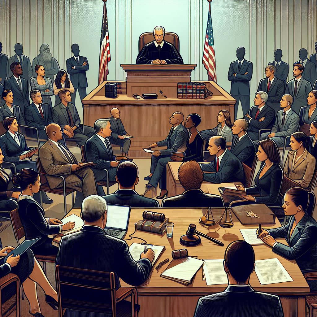 Visualize a bustling courtroom scene, with an anonymous judge seated at an elevated position delivering a decisive verdict. Portray a diverse gathering of people showing a range of emotional reactions - couple of Caucasian and Black attorneys in sharp suits, a Hispanic female stenographer meticulously recording the proceedings, a South Asian jury member exhibiting grim determination and a Middle-Eastern bailiff standing at attention. Include a gavel, court documents, and flags. Do not reveal any specific trial details. Capture the ambiance and tension typically associated with high-profile criminal trials.