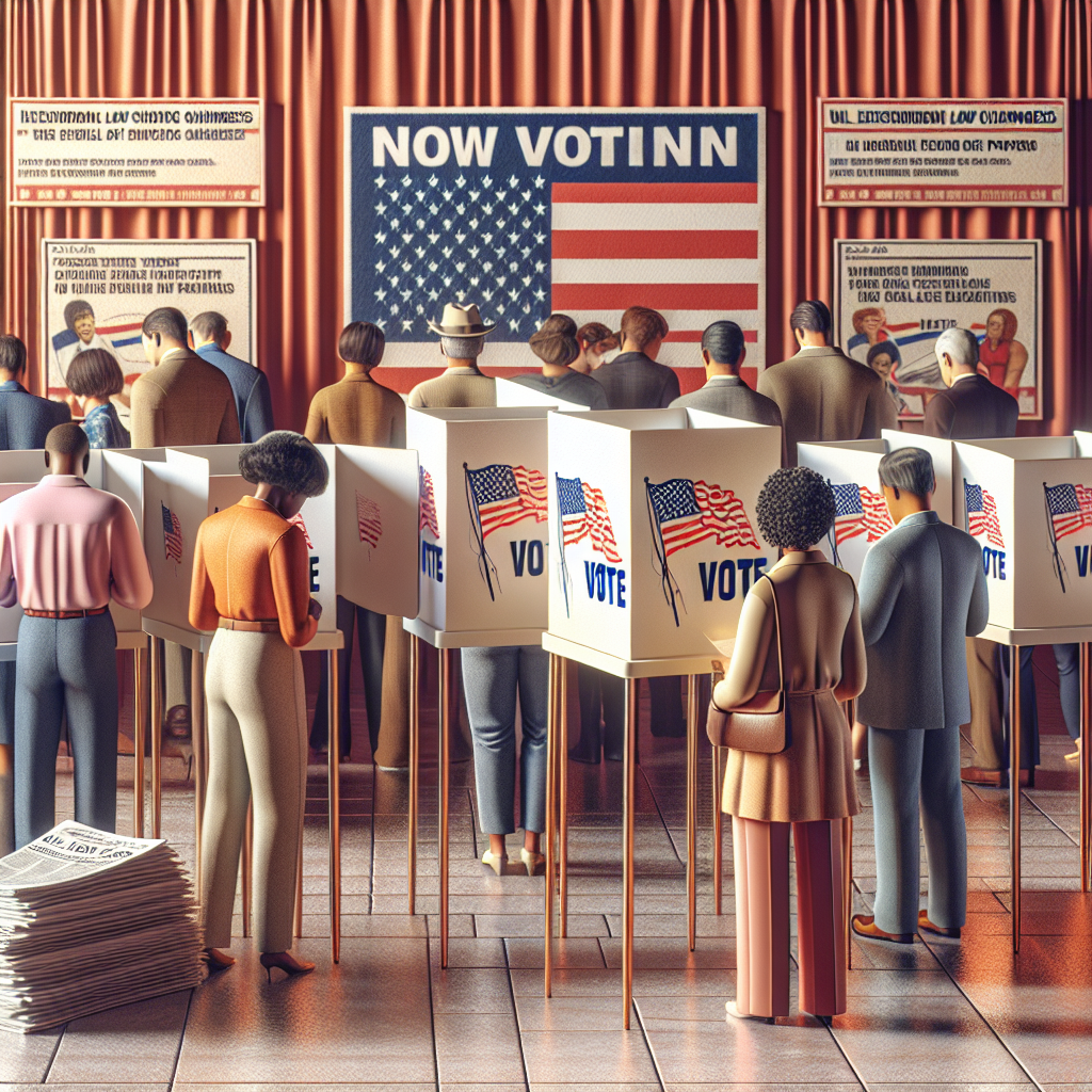 A detailed, non-partisan depiction of a United States voting booth with signage reflecting recent law changes. Around it, individuals of differing descents such as Caucasian, Hispanic and Black, both male and female, are participating in the voting process. Off to the side, a stack of newspapers with headlines signifying the US election aftermath. No explicit references to any political figures or parties should be present. The atmosphere is meant to be calm, orderly, and hopeful, emphasizing the democratic process rather than the controversy surrounding it.