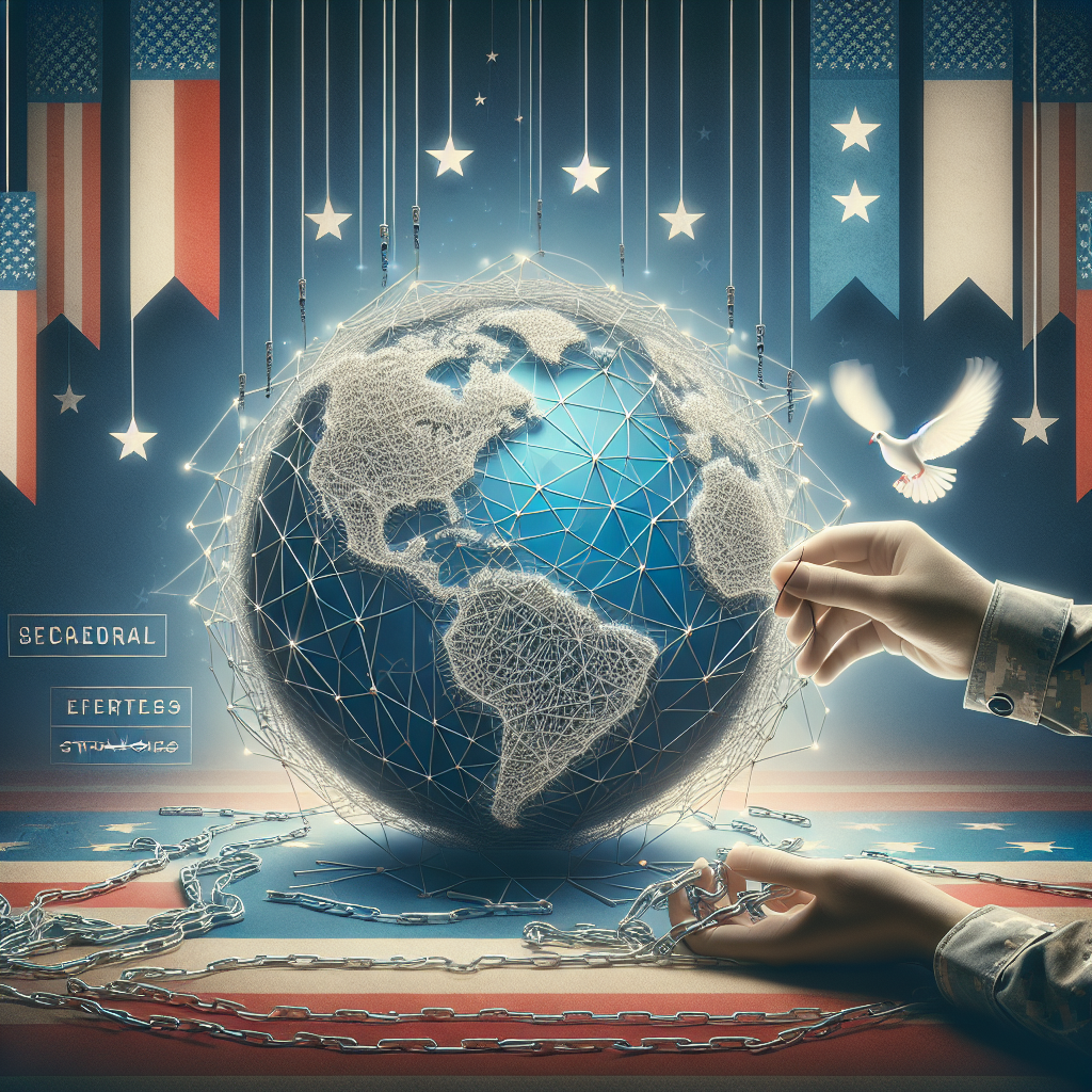 Create an image that depicts a symbolic representation of US military aid strategies for global security. Show an abstract globe, covered by a net made of interconnected chains, symbolizing the security network. Banners with the words 'Effortless Strategies' are suspended in the background. A pair of hands is seen adjusting a few links in the chain, symbolising the strategic decisions. The entire scene is lit under the light of peace represented by a dove flying above. Include elements like stars, stripes, and colors red, white and blue subtly indicating the US influence.