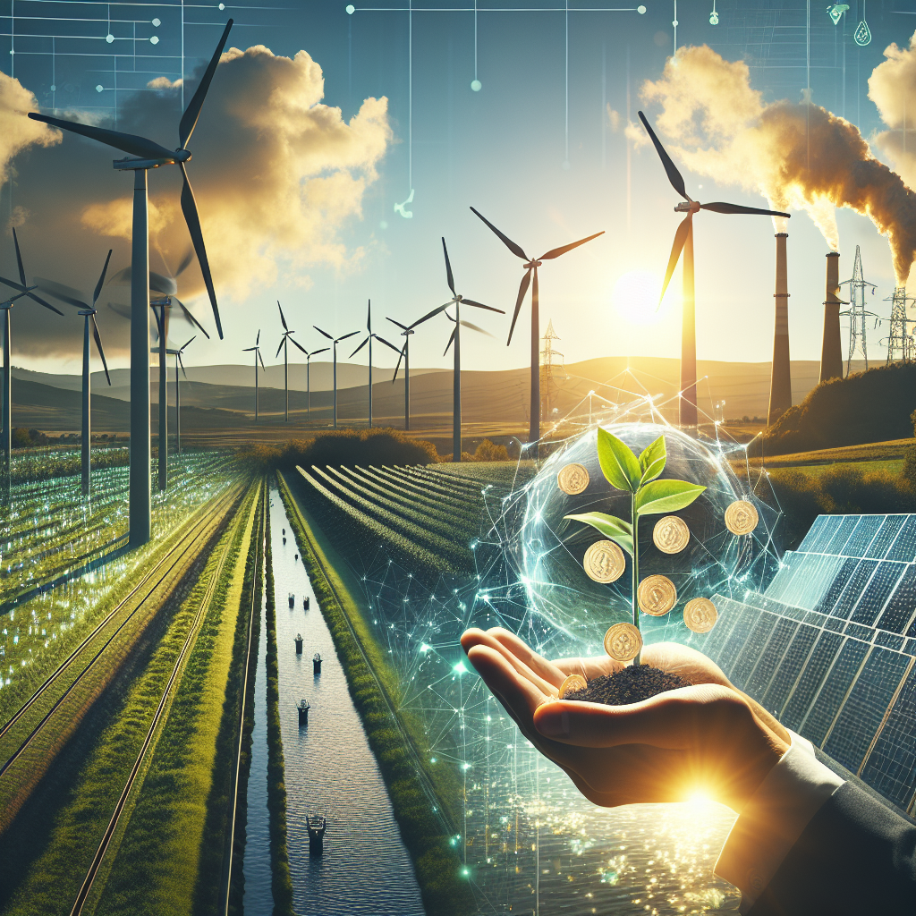 Visualize a sun shining over a green landscape, highlighting a variety of renewable energy sources. On the left, a windfarm is silhouetted against the sky, the rotors in mild motion. Near the center, a field of glistening solar panels is soaking up the sunlight, and on the right, the distance reveals a hydroelectric dam harnessing the power of a flowing river. Foreground element, a pair of hands, one holding a seedling and the other holding coins, symbolizes the investments in clean energy. Include a semi-transparent overlay of a document titled 'Climate Change Legislation', suggesting the political strategy behind these efforts.