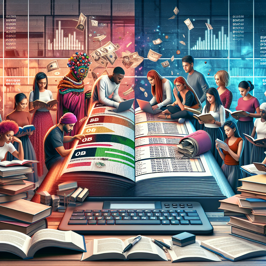 A detailed and vibrant representation showcasing diverse individuals from various descent such as Middle-Eastern, Black, Hispanic, Caucasian and South Asian, engrossed in studying amidst heaps of books. Alongside, visualize a massive ledger, split down the middle, highlighting student loan balances on one side and zero balances on the other to symbolize forgiveness. Anchoring the scene encompasses a modern desk with a laptop displaying the headline: 'Effortless Repayment Updates'. The background features elements of an academic setting while the lighting offers a hopeful ambiance.