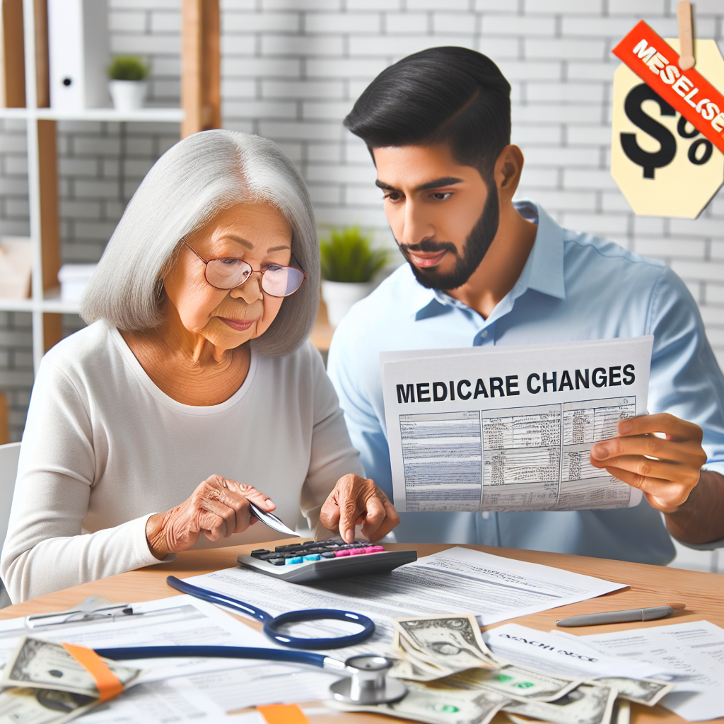Visualize a scene where an elderly Asian woman is using a calculator on a table filled with medical bills and insurance documents. She is accompanied by a middle-eastern man, presumably her son, who is holding a document titled 'Medicare Changes' and pointing on some details on it. They both seem to be involved in a discussion. In the background, a slashed price tag showing decreased healthcare costs symbolizes their successful efforts. This image represents 'Effortless Ways to Slash Healthcare Costs'. The setting is a bright, neatly organized home office.