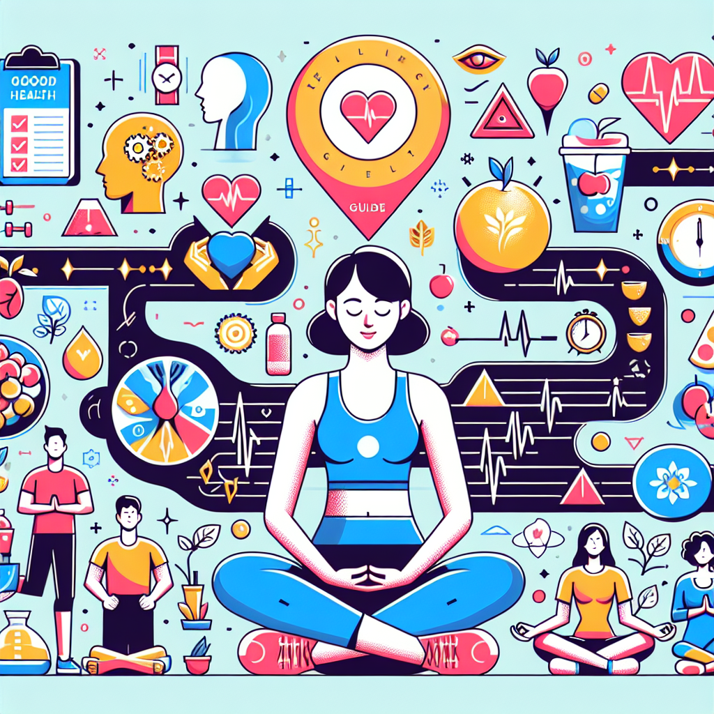 Create an illustration that depicts a conceptual guide with milestones for maintaining good health. This could include vital sign symbols, healthy diet icons, fitness equipment, and sleep cycle patterns. Also, portray a diverse group of non-recognizable individuals of different genders and descents, engaging in activities suggested by the guide such as meditating, jogging, or eating a nutritious meal. Do not use recognizable figures or celebrities. The overall tone of the image should be encouraging and inspiring.