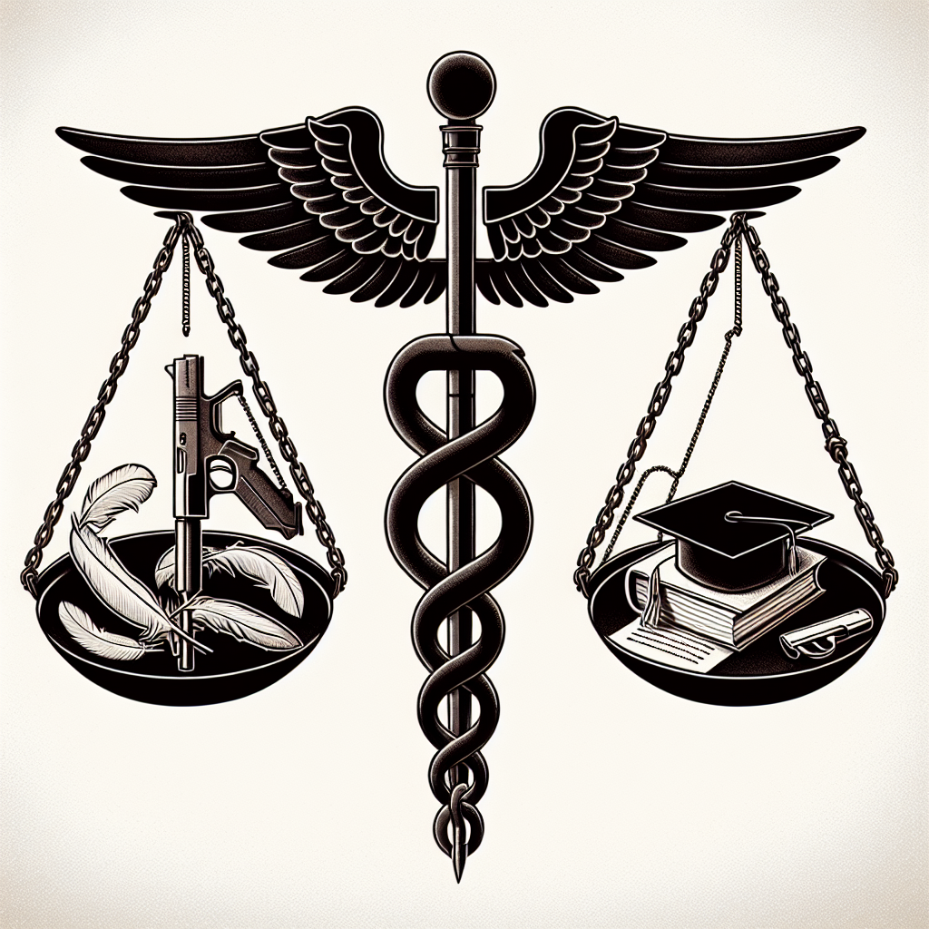 Create a composition that symbolizes the topics of abortion, gun control, and student loans. Display three distinct sections. The first section shows a medical symbol (Caduceus) intertwined with a woman's symbol to portray the topic of abortion. The second section displays a scaled weighing balance with feathers on one side and a handgun on the other to signify the balance in gun laws. The third section shows a book and mortarboard entangled in chains representing student loans. Avoid direct reference to specific people, locales or entities and ensure the image communicates the complexities and nuances of these issues.