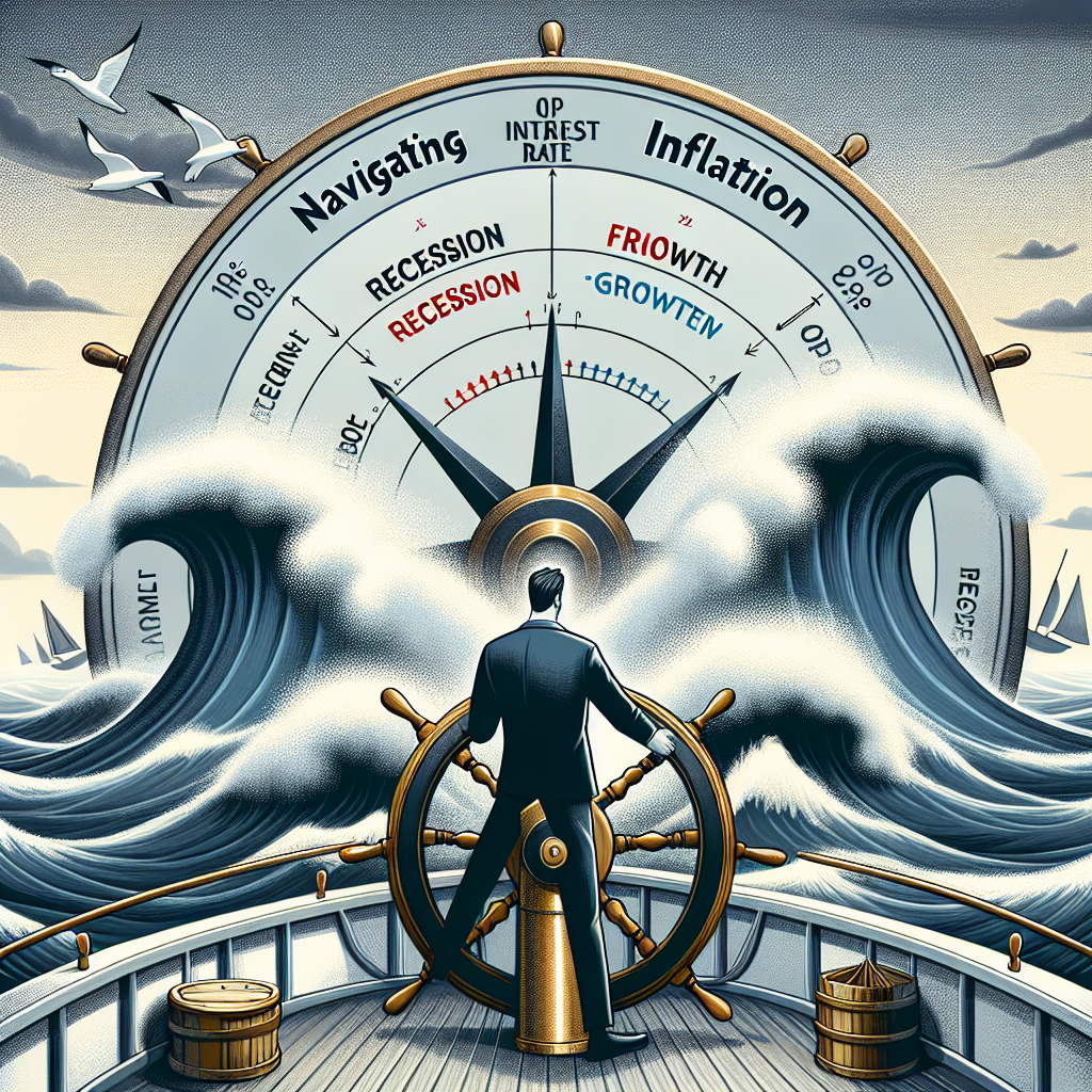 Create an image that represents the concept of navigating inflation in the context of interest rate decisions made by the Federal Reserve. Picture a ship on stormy waters, representing the economy, struggling amidst large waves symbolizing inflation. At the helm, have a Commander, a Caucasian male, steering with determination. On a large wheel, there are various interest rate percentages plotted clockwise like compass points. He is navigating towards a point labeled 'Optimal Interest Rate'. Include a hovering compass showing directions to 'Recession', 'Growth', and 'Stagnation'. Use neutral tones to depict the seriousness of the theme.