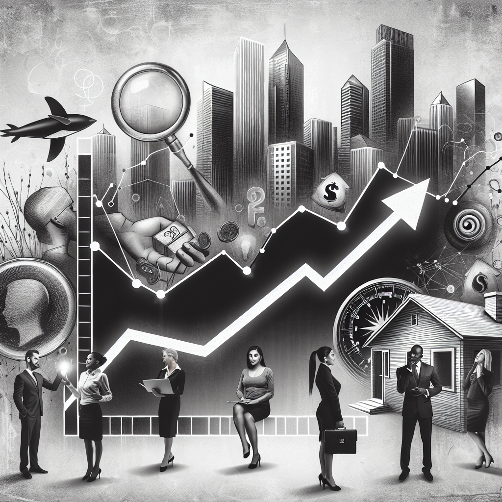 A conceptual image displaying a graph with an ascending curve to represent the soaring mortgage rates, against the background of a stylized monochromatic cityscape to symbolize the US housing market. Sprinkled around the scene are individuals of diverse descents and varied genders such as a Caucasian woman, a Hispanic man, a South Asian woman, a Black man, all subtly depicted discussing or pondering. Each of them illustrate the idea of 'strategy', incorporating elements like chess pieces, a compass, a roadmap or problem-solving diagrams to symbolize their planning for the crisis.