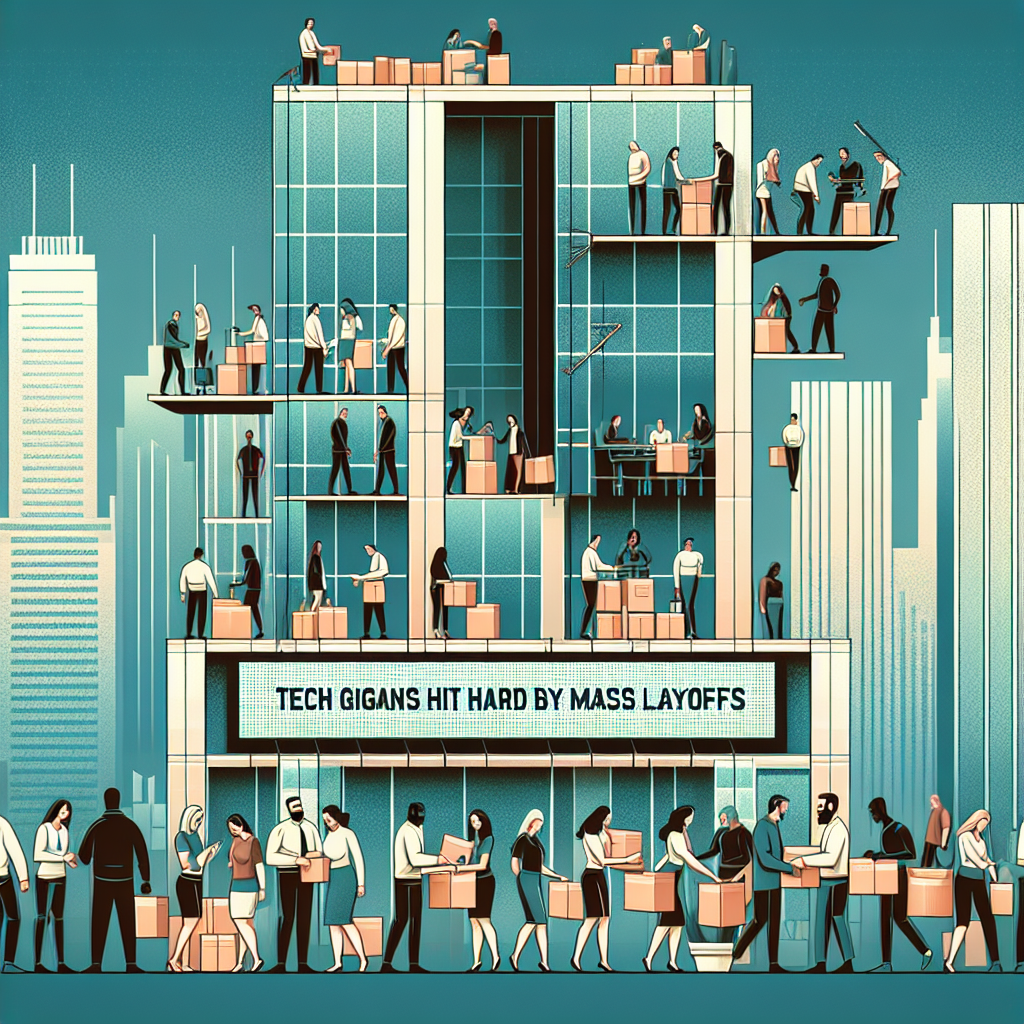 Pictorial representation of the concept of mass layoffs in a big tech company. Depict an iconic scene of an office environment in a tall skyscraper, with people of diverse descents and genders packing their belongings into boxes. Show a variety of emotions on their faces, ranging from sadness to determination. Include in the background a ticker tape running along the bottom of the building displaying the headline: 'Tech Giants Hit Hard by Mass Layoffs'. Use a somber color palette to evoke a sense of gravity and seriousness.