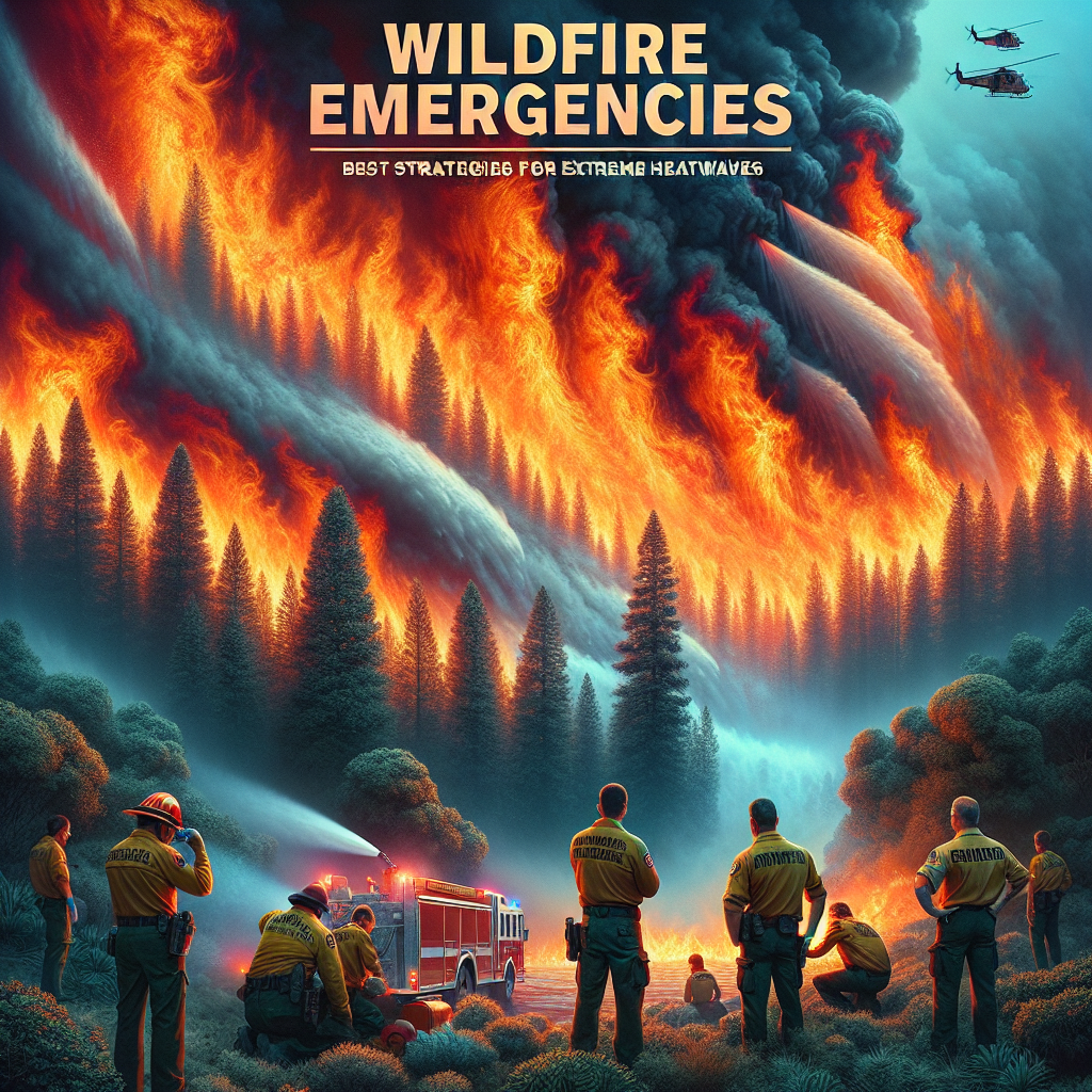 A dramatic scene of a raging wildfire in a dense forest, surrounded by a towering wall of orange and red flames, with intense heat that distorts the surrounding air. In the foreground, an emergency crew of men and women from various descents such as Caucasian, Hispanic, and Middle-Eastern are shown in action. They carry out different tasks; some are controlling the fire hose, while others analyze maps and discuss strategies. The sky is choked with smoke turning day into night, with falling ash like snowflakes. Displayed across the smoky backdrop, the title: 'Wildfire Emergencies: Best Strategies for Extreme Heatwaves' in impactful, white font.