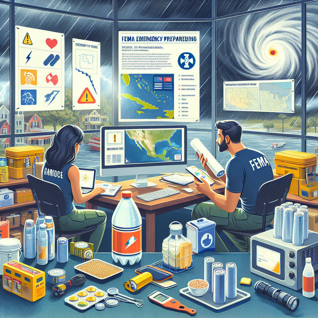 An informative scene portraying aspects of FEMA emergency preparedness for the hurricane season. The focus should include an array of emergency tools and supplies like batteries, flashlights, canned food, clean water, and a weather radio. In addition, show a computer screen displaying an alert for an incoming hurricane or a realistic weather map indicating the path of a hurricane. There is a Caucasian male meteorologist studying the screen and a Middle-Eastern female emergency services worker discussing plans. To reinforce the atmosphere, add a stormy sky visible through a window in the background.