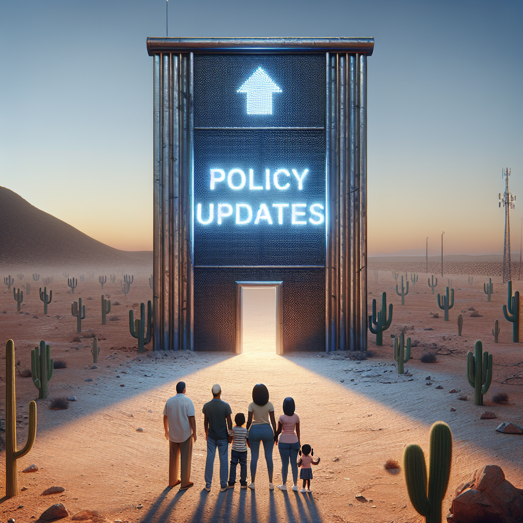 A conceptual image reflecting updates in immigration policy and border security. Show a gigantic door standing in an open, arid desert, representing a border. The door should be half-open, symbolizing changing policies. Above the door, a digital display is built-in, showing the words 'Policy Updates' rolling continuously, signifying recent developments. On one side of the scene, present an immigrant family of varying descents - such as a South Asian man, a Black woman, and their young Middle-Eastern child - peering at the door with hope in their eyes. Make sure to depict peace and change rather than conflict.