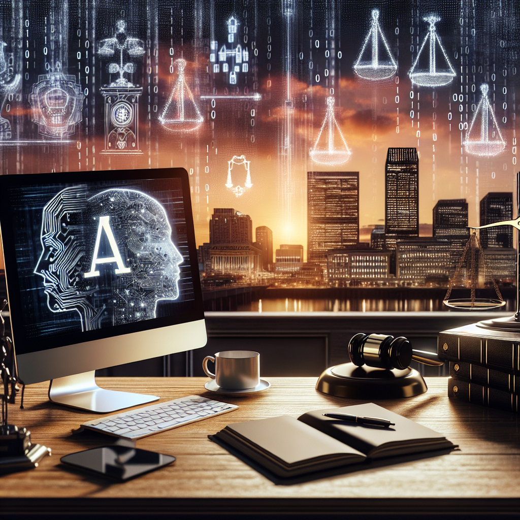 An image that conveys an atmosphere of cutting-edge technology and regulation. In the foreground, there is a desk with a computer displaying an AI symbol, some legal documents, and a pen. The desk is in an office with contemporary decor. The background shows the silhouette of a cityscape with prominent buildings, suggesting governmental authority. Include binary code patterns in the sky. Also, include a visual representation of scales of justice, symbolizing regulation. The time of the day is dinner time with the sunset casting a dramatic light over the city skyline.