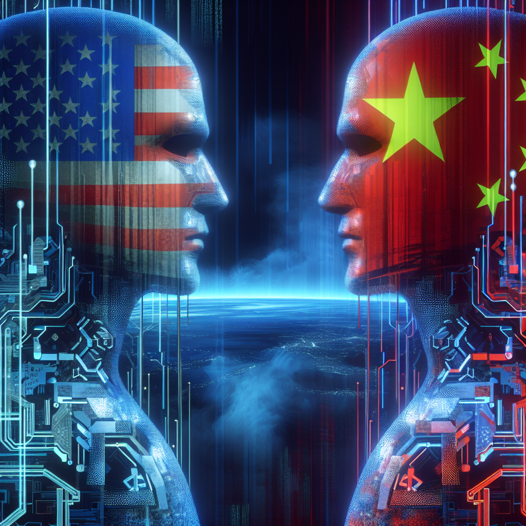 An image illustrating a heated dialog between two abstract symbolized figures representing tech companies from the US and China. The symbols could be stylized, futuristic humanoid cyborgs or robots with national flag motifs embedded subtly. In the background, mysterious, digital landscapes reminiscent of chaotic data transfers and competitive tech environments. No real person, corporation or brand logos should be displayed.