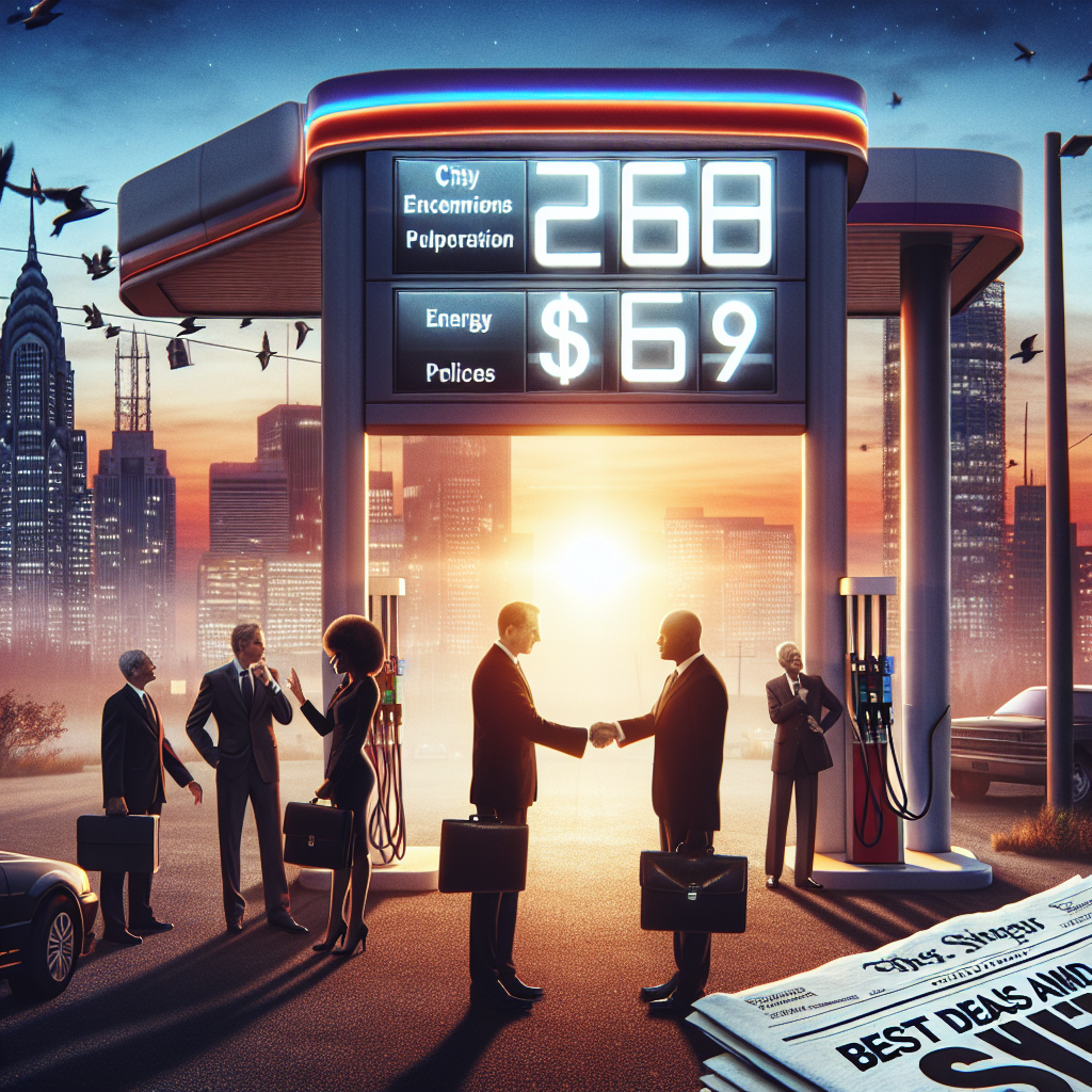 Visualize a gas station with gas prices shown in large, prominent numbers, plunging down dramatically on a digital display. Against the backdrop of the dawn sky, the silhouette of an urban skyline can be seen, symbolizing the city anticipating the change. Handshakes taking place nearby represent energy policy shifts, with a diverse set of individuals, including a Black female politician and a White male energy executive, engaged in the negotiation. Include a newspaper headline prominently displayed foreground, reading 'Best Deals Amid Energy Policy Shifts'.