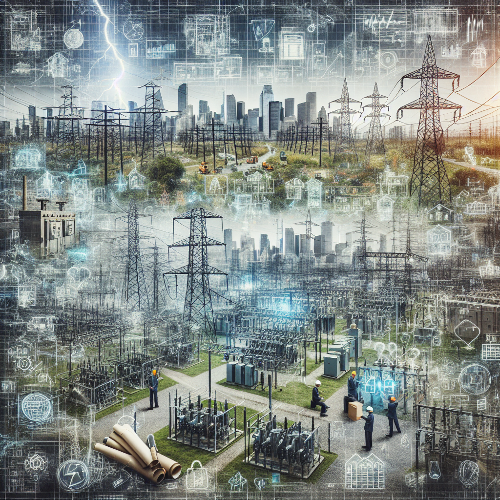 A detailed depiction of a power grid, full of intricate networks of electrical towers and substations, servicing a diverse array of areas, including urban skyscrapers and quiet rural homesteads. Throughout the image, overlay some visual elements that symbolize potential failure risks, such as lightning, overgrown vegetation, and old faulty equipment. Additionally, suggest preventative measures through symbolic images, perhaps a group of diverse engineers (Caucasian male, Hispanic female, South Asian male) examining blueprints, modernizing equipment, or trimming the overgrown vegetation.