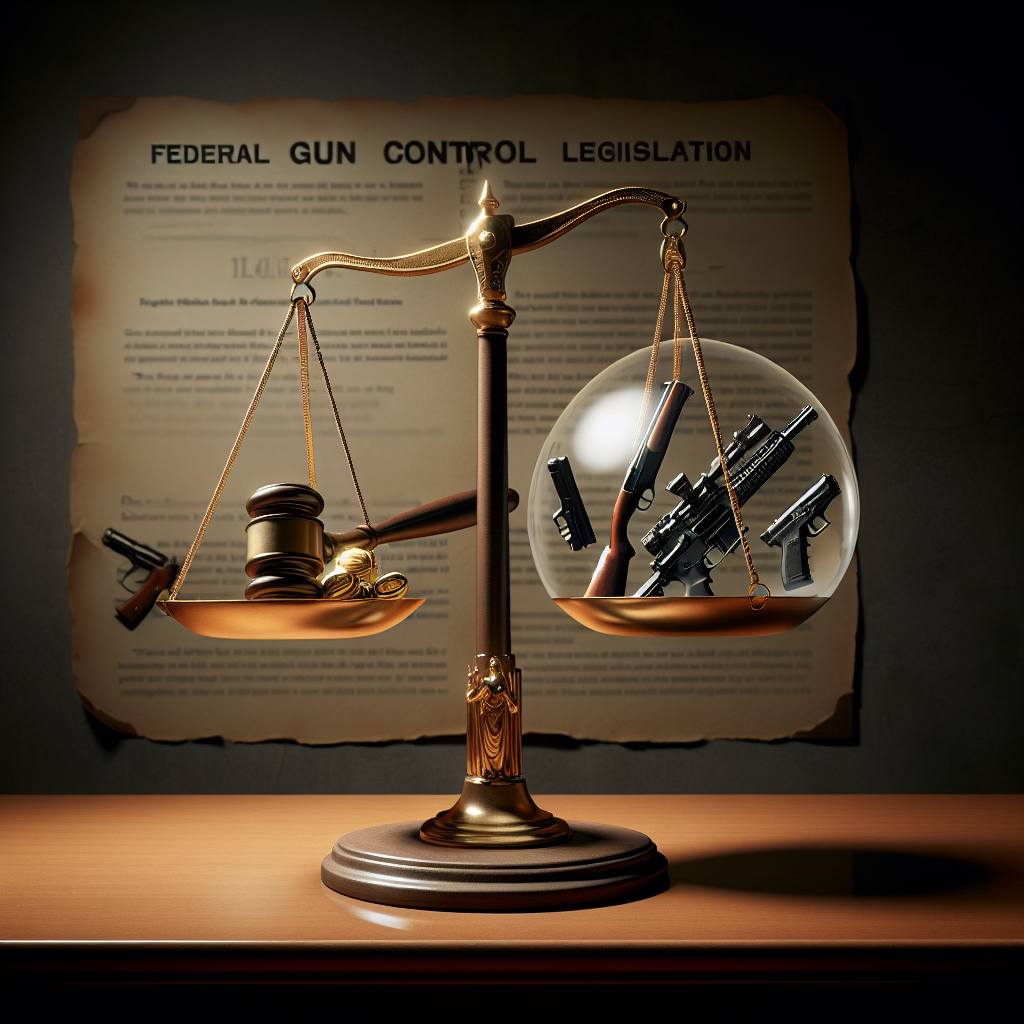 A balanced scale on a wooden desk. On one side of the scale, there are golden legislative gavels and on the other side, there are gun sculptures. Behind, there's a faded document with the title 'Federal Gun Control Legislation' in bold. The scene is illuminated by a dim desk lamp. Above the scale, the words 'Effortless Solutions to Gun Violence' are floating, encapsulated in a transparent thought bubble. The whole scene conveys the weight of decision-making process about gun control laws.