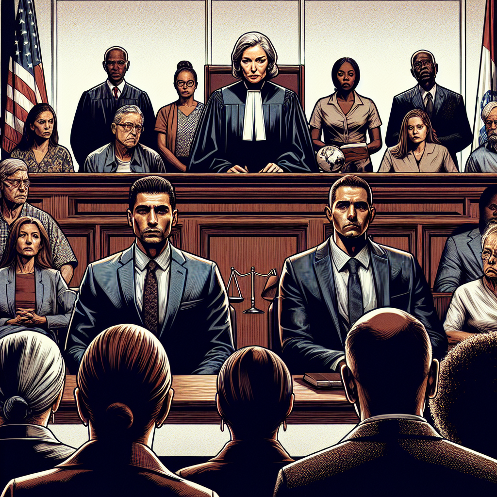 A concept illustration showcasing a dramatic courtroom scene from a high-profile criminal trial in the US. The image should depict the suspenseful moment just before a verdict is announced. The judge, a stern Caucasian woman, sits confidently at her bench. The defendant, a nervous Hispanic man, stands next to his attorney, a resolute Black woman. Additionally, an intense jury of diverse gender and descent, including Middle-Eastern, South Asian, White, and Black individuals, expectantly awaits the verdict. The audience members, also diverse, strain to hear. The overall atmosphere should capture tension, expectation, and the gravity of justice.