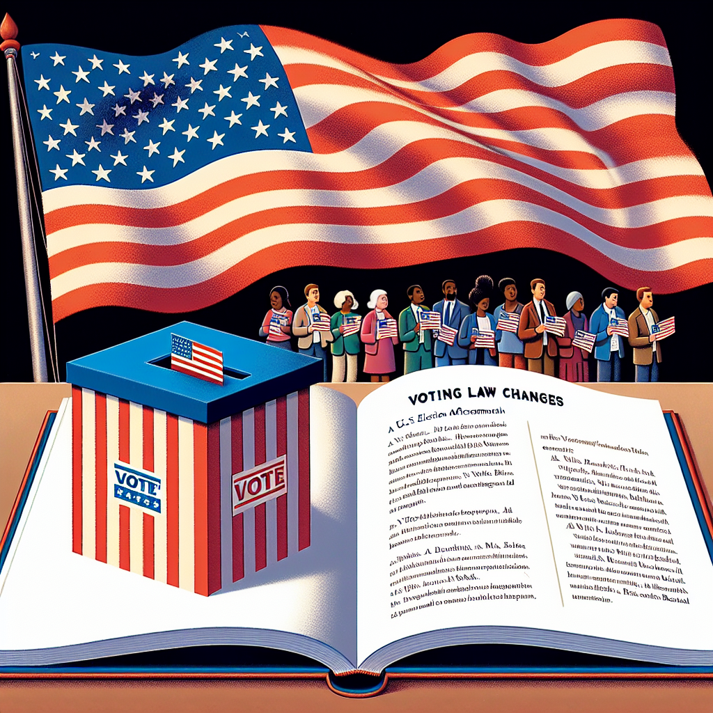 A visual representation of a voting box beneath an American flag fluttering prominently in the foreground, casting a soft shadow over the open book below it. The book is titled 'Effortless Guide to US Election Aftermath' and its pages are turned to a chapter titled 'Voting Law Changes'. Meanwhile, a variety of people from different descents like Caucasian, Hispanic, Black, Middle Eastern, and South Asian, each holding their voting ballots, are standing in line, signifying their active participation in the democratic process.