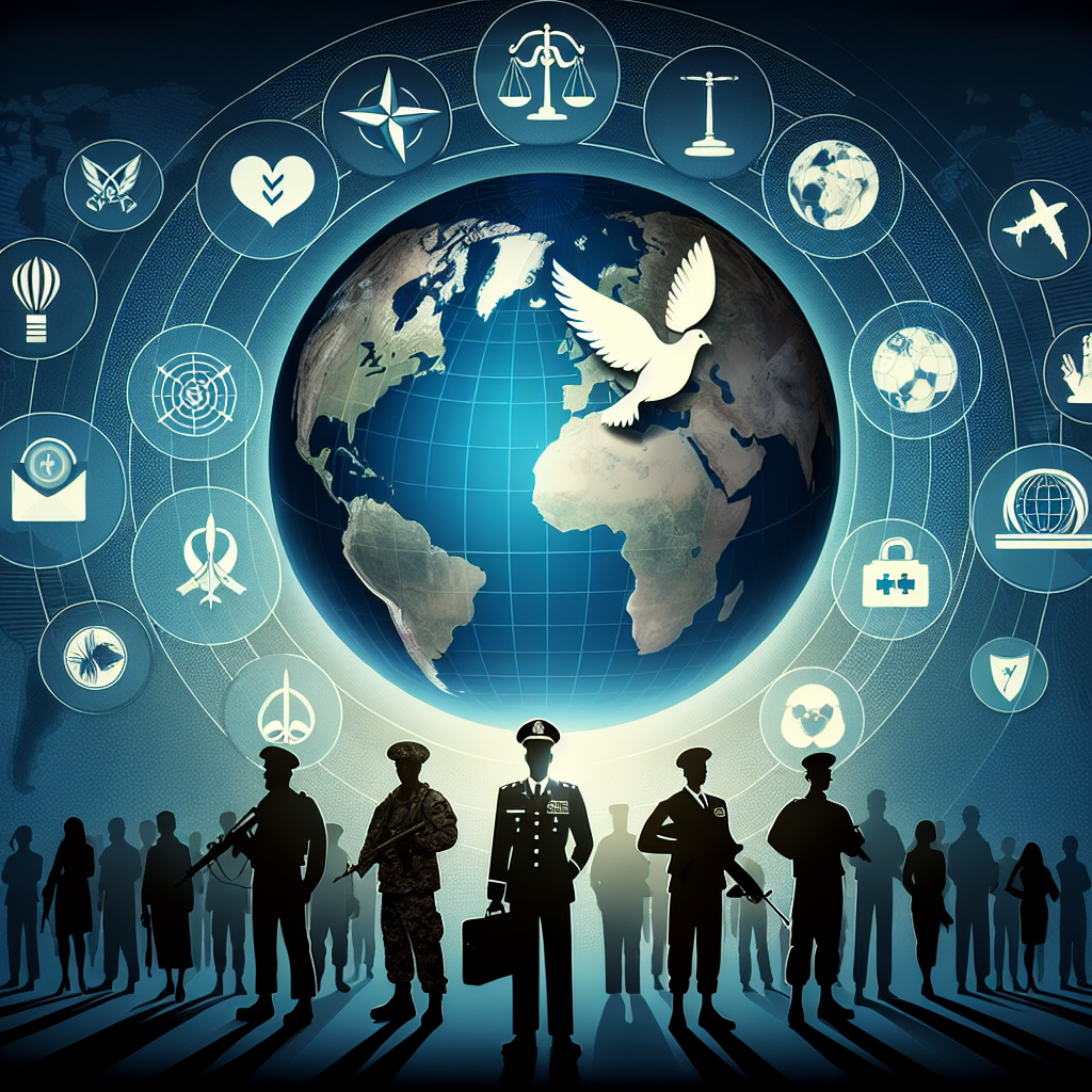 An illustration depicting the concept of global security. In the center, a large globe, with different continents rendered vividly. Surrounding the globe, several icons representing different strategies: a dove for peace, a scale for diplomacy, a diplomatic bag for foreign aid, and a shield for defense. In the background, shadows of diverse military personnel – a Hispanic female in an Army uniform, a South Asian male in a Navy uniform, a Caucasian man as an Air Force pilot, and a Middle-Eastern woman in Marine uniform – symbolizing the collective effort in maintaining global security.