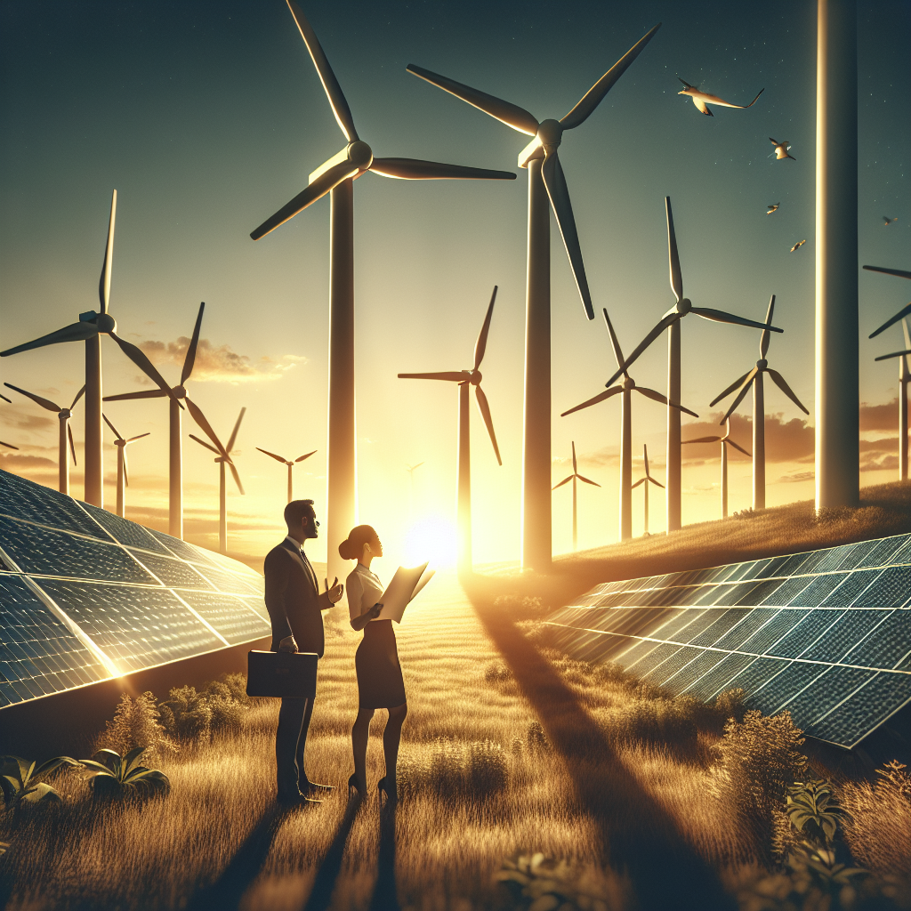 Imagine a hopeful future where clean energy takes the forefront. Showcase a myriad of wind turbines spinning energetically on a grassy hillock under the clear azure sky, their silhouette cutting sharply against the horizon. Nearby, a series of sleek solar panels absorbs the warm sunlight, reflecting a spectacular array of golden hues. A distant figure, an Asian female legislator holding a blueprint of green energy solutions, stands next to an African American male investor, scrutinizing the blueprint with keen interest. They are engaged in a healthy debate, symbolizing the ongoing discussions about best strategies for climate change legislation.