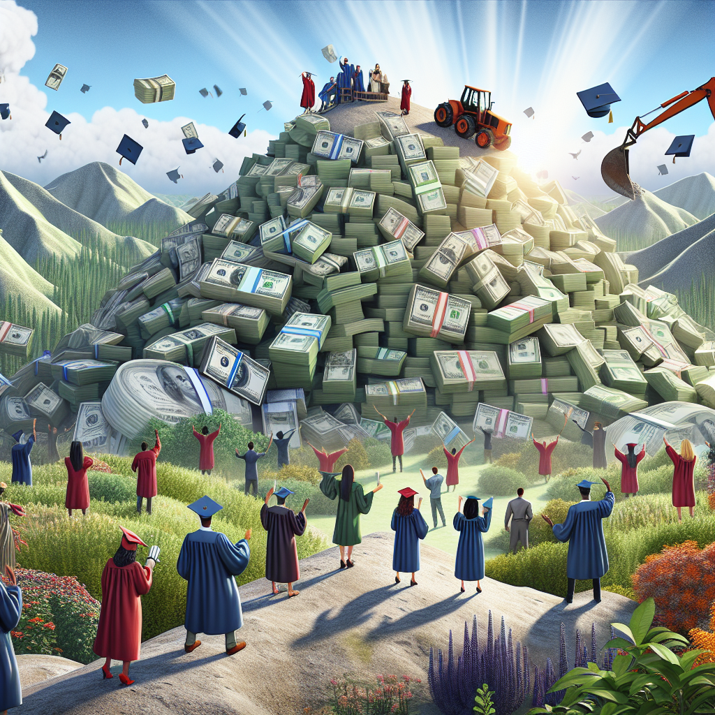 A detailed digital landscape that represents the concept of student loan forgiveness. The foreground features a diverse group of individuals from various descents and gender. Some of these people should be wearing graduation gowns and tossing their caps in the air, indicating their completion of studies. In the mid-ground, we see the mountain of student loan debt represented as large bundles of oversized dollar bills. In the distance, the peak of the mountain is slowly being eroded by powerful machinery, symbolizing repayment programs. The sky is bright, with rays of light suggesting new possibilities and hope.