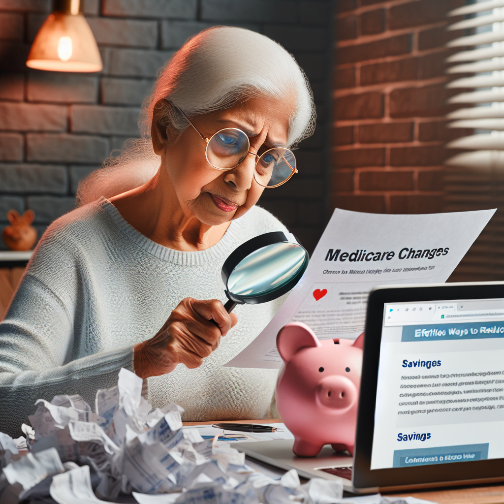 An elderly South Asian woman sitting at her desk, surrounded by medical bills. She holds a magnifying glass and closely scrutinizes a document titled 'Medicare Changes'. On her desk, there is a laptop displaying a blog titled 'Effortless Ways to Reduce Healthcare Costs'. In the background, a heart shaped piggy bank symbolizes savings.