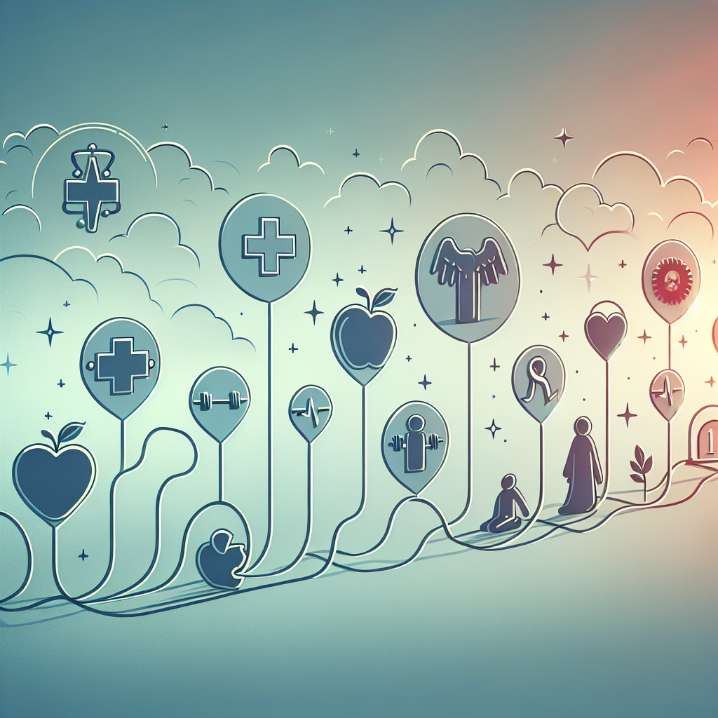 Create an image symbolizing a timeline of health updates. Visualize multiple points along the timeline, each containing a distinct symbol that represents either an achievement in wellness or a setback in health. Include symbols like a medical cross for hospitalization, an apple or barbell for healthier lifestyle changes, and a gravestone to represent departure. The timeline should have a feel of ups and downs to represent the fluctuations all humans face in their health journey. Set this against a soft, gradient background to give a sense of passing time.