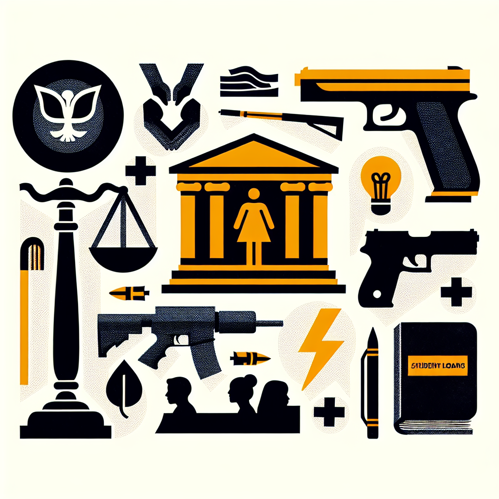 Visualize a collage symbolizing key themes such as a gavel representing the Supreme Court, a symbol or icon that represents abortion - like a medical symbol or a woman's silhouette, a depiction of gun and a book or scroll symbolizing education and student loans. All elements are arranged on a plain background. In the top right corner, the lightning bolt symbol for 'Effortless Insights'. Please abstain from using any real individuals or recognizable figures.
