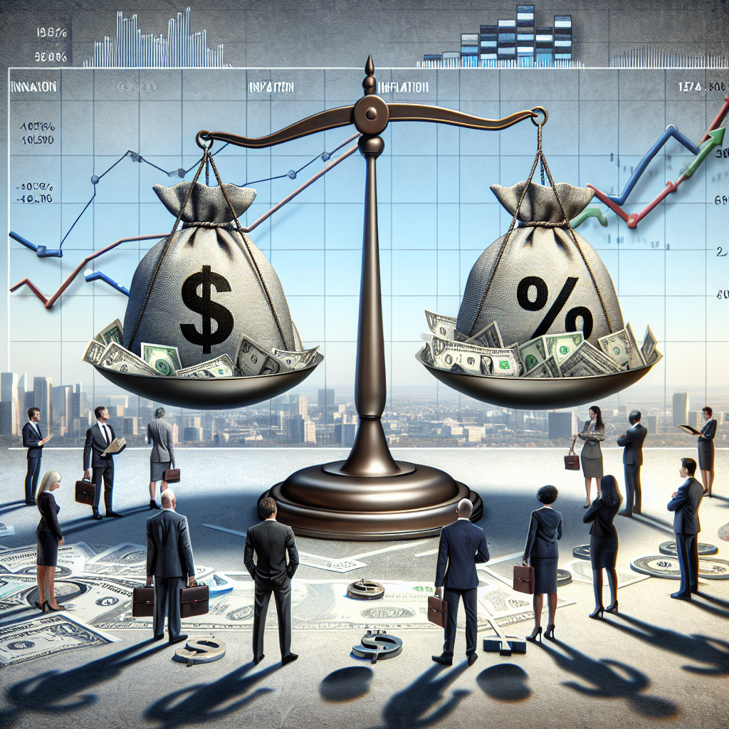 Produce images of a large scale balancing on one side a sack labelled 'Interest Rate' and on the other side, a sack labelled 'Inflation'. This represents the balancing act of the Federal Reserve in managing inflation. Around the scale, scatter financial icons such as currency notes, percentage symbols and graphs. Also, include a group of business people (2 Caucasians, 1 Black, 1 Hispanic and 1 Middle-Eastern, with a mix of genders) intently studying a large display showing fluctuating graphs. This could symbolize the monitoring and strategizing on Federal Reserve interest rate decisions. The backdrop could be an office setting.