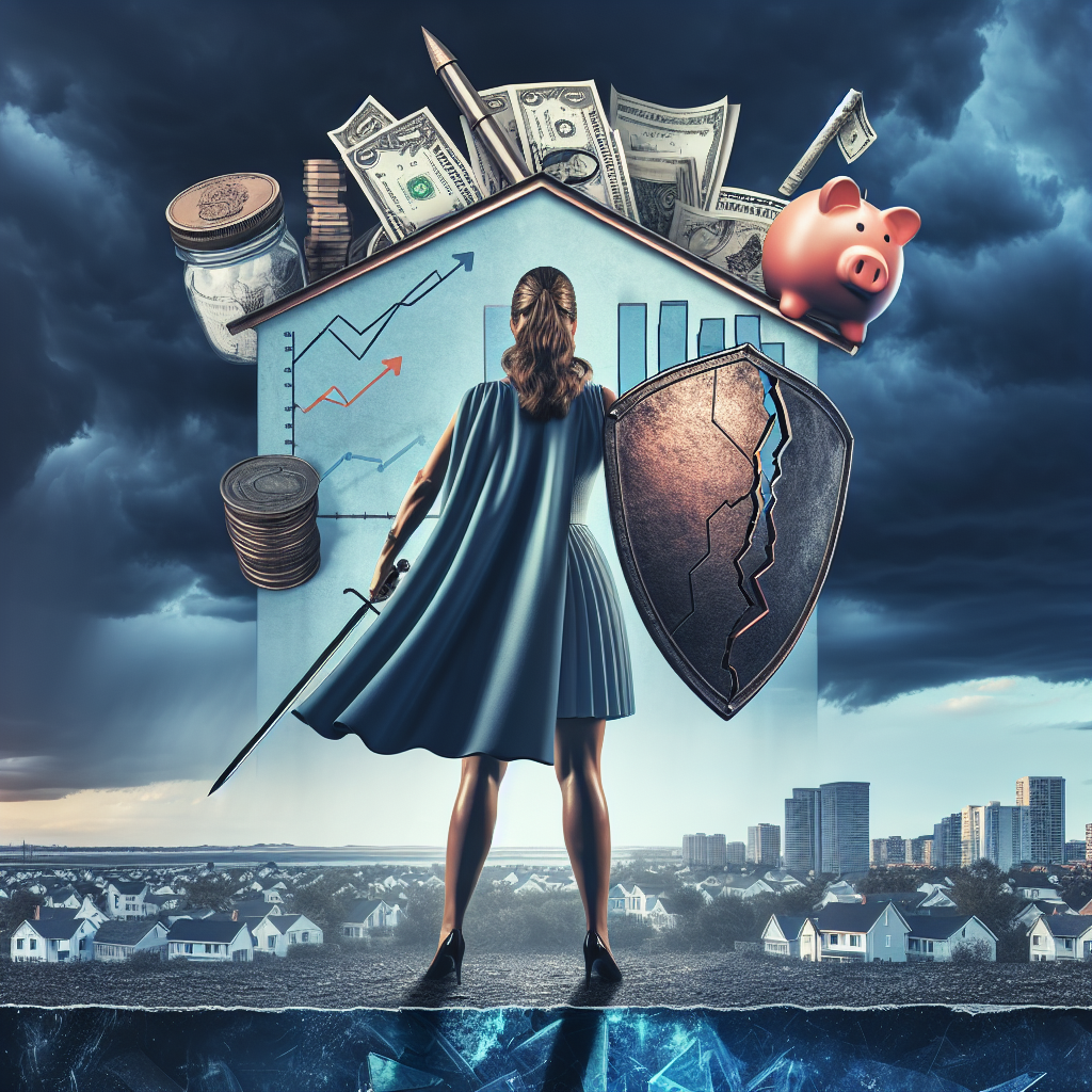An overview of the US housing market framed by a stormy backdrop, symbolizing the current crisis, with a broken bank piggy bank depicting rising mortgage rates. In the foreground, a figure of a Caucasian woman, armed with a shield and sword, represents the defense strategy against the situation. The shield is emblazoned with symbols of strategic financial planning like graphs, money saving jar, a calculator, and a house. Show the woman standing firm, full of determination and bravery, ready to take on the storm.